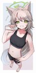  1girl animal_ear_fluff animal_ears bare_arms bare_shoulders barefoot bike_shorts black_shorts black_sports_bra blue_archive border bottle collarbone commentary_request foreshortening fox_ears full_body green_halo grey_background grey_hair halo highres holding holding_bottle izuoku long_hair looking_at_viewer midriff navel otogi_(blue_archive) shorts smile solo sports_bra standing stomach sweat swept_bangs two-tone_background v-shaped_eyebrows very_long_hair white_background white_border 