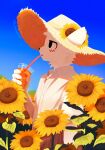 2023 7:10 absurd_res anthro artist_name beverage black_nose blue_sky blush clear_sky clothed clothing day digital_media_(artwork) domestic_cat ears_through_headwear ears_up felid feline felis fingers flower flower_in_hat fur hat headgear headwear hi_res holding_beverage holding_object humanoid liquid male mammal mouth_closed outside plant side_view signature silly_cat_(mauzymice) sky slurmophidal.fellatroskob snout solo standing straw_in_mouth sunflower white_body white_fur