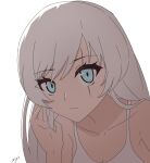  1girl ar_jart artist_name bare_shoulders blue_eyes breasts camisole cleavage close-up closed_mouth collarbone commentary hand_on_own_face long_hair looking_at_viewer rwby scar scar_across_eye shaded_face solo symbol-only_commentary weiss_schnee white_background white_camisole white_hair 