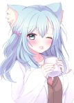  1girl animal_ear_fluff animal_ears aqua_eyes aqua_hair beads blush cat_ears cat_girl closed_mouth coffee_mug commentary_request crossed_bangs cup eyelashes fingernails frown hair_beads hair_between_eyes hair_ornament hands_up highres holding holding_cup lab_coat long_hair mug necktie one_eye_closed one_side_up red_necktie riddle_joker school_uniform shikibe_mayu shione_shiose simple_background sleeves_past_wrists solo tongue tongue_out upper_body white_background 