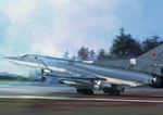  airplane bomb bomber forest highres hjl jet landing_gear military military_vehicle nature no_humans original photorealistic runway star taking_off tree tu-22m 