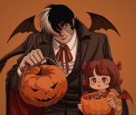  1boy 1girl bat_wings black_coat black_hair black_jack_(character) black_jack_(series) black_jacket blush bow brown_hair bucket candy closed_mouth coat coat_on_shoulders collared_shirt demon_horns diamond_in_eye fang food hair_between_eyes hair_bow halloween halloween_bucket highres holding holding_bucket horns jack-o&#039;-lantern jacket lollipop multiple_hair_bows oldkin open_mouth orange_background pinoko red_ribbon ribbon shirt short_hair simple_background smile stitched_face stitches white_shirt wings 