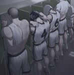  5boys absurdres back back_focus bara basketball_jersey basketball_uniform black_hair blue_towel buzz_cut clothes_grab feet_out_of_frame fukatsu_kazunari full_body hand_on_own_hip head_out_of_frame height_difference highres ichinokura_satoshi kawata_masashi locker locker_room male_focus matsumoto_minoru multiple_boys muscular muscular_male partially_undressed print_towel sawakita_eiji shirt_tucked_in shoes short_hair shorts size_difference slam_dunk_(series) sneakers socks sportswear sweat tank_top toned toned_male topless_male towel towel_on_head towel_on_one_shoulder undressing unworn_shirt very_short_hair white_footwear white_shorts white_socks white_tank_top white_towel yyfnco 