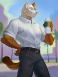 anthro beach beverage clothing coffee domestic_cat felid feline felis fionnthecat hi_res male mammal rosemary02 seaside smile solo suit