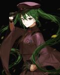  1girl black_eyes black_gloves eyeshadow gloves green_hair half_gloves hand_on_headwear hand_on_own_hip hatsune_miku makeup ratte_(cf) red_eyeshadow senbonzakura_(vocaloid) solo twintails uniform vocaloid wide_sleeves 