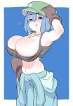  1girl :q absurdres armpits black_tank_top blue_background blue_eyes blue_hair blush breasts cleavage commentary_request flat_cap gloves green_headwear hair_between_eyes hair_bobbles hair_ornament hand_on_headwear hand_on_own_hip hat heart highres huge_breasts jewelry kawashiro_nitori key looking_at_viewer navel pendant short_hair simple_background solo tank_top tongue tongue_out touhou two_side_up uminotacos white_background 