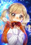  1girl bang_dream! bangs blonde_hair blue_background blurry blush bokeh box breath brown_eyes depth_of_field gift hair_ornament heart-shaped_box highres holding holding_gift ichigaya_arisa long_hair long_sleeves looking_at_viewer plaid plaid_scarf red_scarf ribbed_sweater scarf sidelocks sleeves_past_wrists snowing solo sweater tsurugi_hikaru twintails upper_body valentine white_sweater x_hair_ornament 