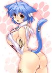  :d animal_ears arched_back ass bell blue_hair blush breasts cat_ears cat_tail curvy elbow_gloves fang gloves highres ishida_hiroyuki large_breasts nippleless_clothes nipples open_mouth original short_hair smile solo tail tail_bell yellow_eyes 