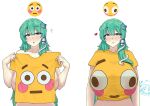  ! 2girls breasts commentary emoji flushed_face_emoji flushed_face_emoji_shirt_(meme) frog_hair_ornament green_eyes green_hair hair_ornament heart holding holding_clothes holding_shirt huge_breasts kochiya_sanae long_hair looking_at_viewer meme moriya_suwako multiple_girls omikami shirt simple_background snake_hair_ornament solo_focus touhou upper_body white_background yellow_shirt 