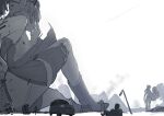  2girls atlanta_(kancolle) car defeat giant giantess highres kantai_collection looking_at_another machinery monochrome motor_vehicle multiple_girls ruins sigure-zzzz sitting white_background 