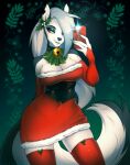 absurd_res anthro big_breasts breasts canid canid_demon canine christmas christmas_clothing clothing demon digital_media_(artwork) female fur hair hellhound helluva_boss hi_res holidays loona_(helluva_boss) mammal red_sclera simple_background solo stelladraco tail white_body white_fur