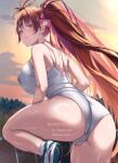  1girl amasora_taichi artist_name ass ass_focus brown_hair closed_mouth cloud colored_inner_hair covered_nipples from_behind highres looking_at_viewer looking_to_the_side multicolored_hair one-piece_swimsuit original pink_hair shoes sneakers solo sunset swimsuit twitter_username water white_footwear white_one-piece_swimsuit yellow_eyes 