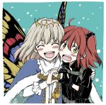  1boy 1girl amanogwazen blush butterfly_wings commentary_request fate/grand_order fate_(series) fujimaru_ritsuka_(female) grey_hair heart heart_hands heart_hands_duo insect_wings looking_at_viewer oberon_(fate) orange_eyes orange_hair short_hair smile upper_body wings 
