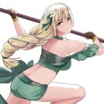  1girl ass bare_shoulders bikini black_gloves blonde_hair breasts choker commentary_request crop_top fingerless_gloves fire_emblem fire_emblem:_three_houses fire_emblem_heroes gloves green_bikini green_choker green_eyes green_ribbon green_shorts hair_ribbon highres ingrid_brandl_galatea large_breasts long_braid long_hair midriff off-shoulder_bikini off_shoulder ribbon sail_(sail-away) short_shorts short_sleeves shorts simple_background solo swimsuit thighs very_long_hair white_background 
