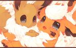  animal_focus brown_eyes crying eevee flareon floppy_ears fluffy hands_on_another&#039;s_chest heart hideko_(l33l3b) lying no_humans on_back on_stomach open_mouth pawpads pokemon pokemon_(creature) rubbing_eyes striped striped_background tearing_up tears white_fur wiping_tears 