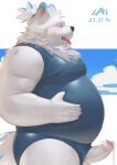 absurd_res anthro balls belly blush bodily_fluids cai1448331577 canid canine canis clothing cum domestic_dog erection foreskin fur genital_fluids genitals hi_res lifewonders live_a_hero male mammal moobs nordic_sled_dog orgasm overweight penis samoyed school_swimsuit solo spitz swimwear vein veiny_penis white_body white_fur yohack
