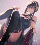  1girl black_hair black_thighhighs breasts cleavage clothes_lift dagger dress dress_lift earrings gold_earrings gold_hairband hairband holding holding_dagger holding_knife holding_weapon jewelry knife large_breasts red_eyes solo spy_x_family stiletto_(weapon) thighhighs torn_clothes torn_dress two-sided_dress two-sided_fabric weapon yor_briar yuimiduki 