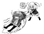 1boy 1girl chibi cloak commentary_request dragging fate/grand_order fate_(series) fujimaru_ritsuka_(female) fujimaru_ritsuka_(female)_(polar_chaldea_uniform) greyscale highres monochrome negggi4 oberon_(third_ascension)_(fate) short_hair simple_background skirt wings 