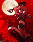  1girl artist_name blood blood_on_face blood_splatter commission constricted_pupils dj_met full_moon funamusea highres holding holding_shovel holding_weapon long_hair looking_at_viewer mogeko_(okegom) moon necktie night night_sky official_art pov red_eyes red_theme shoes shovel skeb_commission sky socks solo sutare_yume weapon 