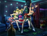  blonde_hair blue_eyes blush breasts chainsaw cheerleader closed_eyes dancing jpeg_artifacts juliet_starling lollipop_chainsaw multiple_girls tattoo tongue topless twintails 