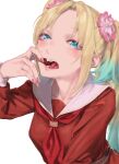  1girl blonde_hair blue_eyes brown_serafuku fangs finger_in_own_mouth highres link!_like!_love_live! love_live! multicolored_hair neckerchief osawa_rurino parted_bangs pink_nails red_neckerchief saidamoosu_(tree_3m) school_uniform serafuku simple_background solo teeth tongue twintails upper_body white_background 