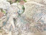  1girl angel_wings beret blue_eyes blue_hair commentary_request dress feathered_wings feathers flower grey_dress grey_hair hair_flower hair_ornament hat highres interlocked_fingers isekai_joucho kamitsubaki_studio multicolored_hair own_hands_clasped own_hands_together solo traditional_media two-tone_hair upper_body virtual_youtuber white_headwear white_wings wings yoru_(hina_dri030) 