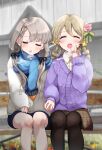  2girls bench blurry blurry_background blush brown_hair cardigan closed_eyes commentary_request flower grey_hair hair_between_eyes hair_flower hair_ornament heavy_breathing highres hisakawa_nagi holding_hands idolmaster idolmaster_cinderella_girls low_twintails medium_hair morikubo_nono multiple_girls open_mouth pantyhose paopao scarf sitting tears twintails 