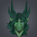 2023 anthro digital_drawing_(artwork) digital_media_(artwork) dragon fanaya green_body green_hair hair headshot_portrait heterochromia hi_res horn long_hair looking_at_viewer male portrait scales scalie shaded signature simple_background snout solo wide_snout