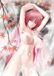  armpits arms_up bathing blue_eyes breasts hong_meiling large_breasts long_hair looking_at_viewer navel nipples nude onsen raybar smile solo star touhou tree very_long_hair water 