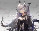  1girl animal_ears arknights black_capelet black_coat blood blood_on_face capelet coat grey_eyes grin hair_between_eyes hair_ornament hairclip highres jewelry lappland_(arknights) lappland_(refined_horrormare)_(arknights) long_hair looking_at_viewer messy_hair miyo_umehara necklace parted_lips scar scar_across_eye simple_background smile solo upper_body 