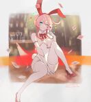  1girl animal_ears aqua_eyes breasts card cleavage elbow_gloves elphelt_valentine garter_straps gloves guilty_gear high_heels highres knee_up large_breasts legs leotard one_eye_closed pink_hair playboy_bunny playing_card rabbit_ears short_hair smile solo thighhighs white_gloves white_leotard white_thighhighs youmicitrustea 