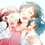  2girls ame_(ookami_kodomo) bad_id bad_pixiv_id blue_hair brown_hair closed_eyes family group_hug hana_(ookami_kodomo) happy hug kazari_tayu long_hair mother_and_daughter mother_and_son motherly multiple_girls ookami_kodomo_no_ame_to_yuki open_mouth short_hair smile snow yuki_(ookami_kodomo) 