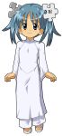  1girl absurdres blue_eyes blue_hair blush closed_mouth commentary dress flat_chest full_body hair_ornament highres jigsaw_puzzle kasuga_(kasuga39) long_sleeves looking_at_viewer pants puzzle sandals simple_background solo standing transparent_background vietnamese_dress white_dress white_pants wide_sleeves wikipe-tan wikipedia 