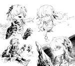  1girl boots closed_eyes coat creature expressionless familiar fingerless_gloves flower gloves greyscale hair_flower hair_ornament highres isekai_joucho kamitsubaki_studio long_hair looking_at_viewer monochrome multiple_views nolu_(kkudoku) open_mouth sideways_glance sitting sketch smile virtual_youtuber 