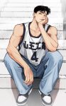  1boy basketball_jersey basketball_uniform black_eyes black_hair blue_pants denim fukatsu_kazunari hand_on_own_face highres jeans jewelry light_smile looking_at_viewer male_focus pants pectoral_cleavage pectorals ring shadow shoes short_hair sitting sitting_on_stairs slam_dunk_(series) sneakers solo sportswear stairs tank_top toned toned_male two-tone_footwear universe319 white_tank_top 