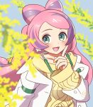  1girl :d blush coat commentary_request earrings green_eyes hand_up happy index_finger_raised jewelry long_hair long_sleeves looking_at_viewer miriam_(pokemon) nail_polish open_clothes open_coat open_mouth orange_(orangelv20) pink_hair pokemon pokemon_sv smile solo sweater tongue upper_body white_coat yellow_nails yellow_sweater 