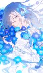  1girl absurdres blue_eyes blue_flower blue_hair chinese_commentary commentary_request dress flower hair_flower hair_ornament hair_over_one_eye highres isekai_joucho kamitsubaki_studio light_smile long_hair looking_at_viewer lying multicolored_hair nemophila_(flower) on_back solo two-tone_dress two-tone_hair upper_body virtual_youtuber walluka white_dress white_eyes white_hair 