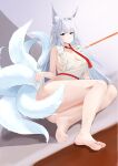  1girl absurdres animal_ear_fluff animal_ears apron azur_lane barefoot blue_eyes breasts closed_mouth commentary_request feet fox_ears fox_girl fox_tail full_body grey_hair highres indoors large_breasts long_hair looking_at_viewer multiple_tails naked_apron necktie reclining red_necktie shinano_(azur_lane) solo suo_bu_ye_feng tail thighs white_apron 