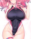  1girl alternate_costume arm_up armpits ass_visible_through_thighs azur_lane black_one-piece_swimsuit blush breasts bremerton_(azur_lane) commentary competition_swimsuit covered_navel cowboy_shot cropped dakimakura_(medium) facing_viewer fingerless_gloves from_above gloves grey_hair grin halcon head_out_of_frame highleg highleg_swimsuit large_breasts long_hair lying mole mole_under_eye multicolored_hair nail_polish on_back one-piece_swimsuit pink_gloves pink_hair pink_nails sideboob skindentation smile solo streaked_hair swimsuit thigh_gap thigh_strap twintails two-tone_hair v 