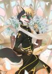 absurd_res anthro black_clothing canid canine clothed clothing fingers flower green_eyes hi_res kemono kun_blackcat male mammal matches_(matches_uwu) open_mouth open_smile plant smile solo tail