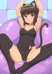  armlet armpits arms_up black_one-piece_swimsuit black_thighhighs breasts egyptian_cat_(sasaame) highres looking_at_viewer medium_breasts one-piece_swimsuit original purple_eyes sasaame spread_legs swimsuit thighhighs tile_wall tiles 