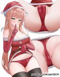  1girl ass ass_focus bare_shoulders belt black_thighhighs blush bow breasts brown_belt brown_hair cameltoe christmas cleavage clothes_lift collarbone cowboy_shot doki_doki_literature_club dress dress_lift elbow_gloves english_commentary eyelashes finger_to_mouth from_below fur-trimmed_dress fur-trimmed_gloves fur-trimmed_headwear fur-trimmed_panties fur_trim gloves green_eyes grin hair_between_eyes hair_bow hair_intakes hat high_ponytail highres large_breasts long_hair looking_at_viewer monika_(doki_doki_literature_club) multiple_views navel panties patreon_username pom_pom_(clothes) ponytail red_dress red_gloves red_headwear red_panties red_ribbon ribbon ribbon_panties santa_costume santa_dress santa_hat sidelocks simple_background smile solo spread_legs strapless strapless_dress thighhighs underwear white_background white_bow yami_(rear4742) 