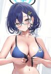  1girl bare_shoulders blue_archive blue_bra blue_hair blush bra breasts chihiro_(blue_archive) cleavage collarbone dark_blue_hair glasses green_eyes hair_ornament halo highres houraku large_breasts looking_at_viewer navel rabbit_hair_ornament short_hair solo underwear 