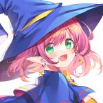  1girl :d alice_wishheart blue_capelet blue_headwear bucchake_(asami) capelet earrings fang floating_hair green_eyes hat jewelry long_hair magical_halloween open_mouth pink_hair pointy_ears portrait smile solo star_(symbol) star_earrings white_background witch_hat 