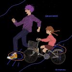  1boy 1girl bicycle bicycle_basket black_background black_footwear black_socks blush braid brown_hair clenched_hands closed_eyes crossover denim floating_hair from_side highres jack-o&#039;_ran-tan jeans kneehighs loafers long_hair long_sleeves low_twin_braids madotsuki napoli_no_otokotachi no_mouth open_mouth orange_footwear pants pink_sweater pleated_skirt purple_hair purple_sweater red_skirt riding riding_bicycle romaji_text running shoes short_hair skirt smile sneakers socks striped striped_sweater sweater twin_braids twitter_username yabe_(chapeyabu) yume_nikki 