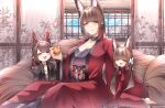  &gt;_&lt; 3girls ;) absurdres akagi-chan_(azur_lane) amagi-chan_(azur_lane) amagi_(azur_lane) animal_ears arm_hug azur_lane bell black_kimono blush breasts brown_hair closed_eyes day eyeshadow floral_print fox_ears fox_girl fox_tail full_body hair_bell hair_ornament hair_ribbon hairpin happy highres indoors japanese_clothes kimono kitsune kneeling large_breasts leaning_forward long_hair makeup medium_hair multiple_girls multiple_tails one_eye_closed purple_eyes red_eyeshadow red_kimono red_ribbon ribbon samip sitting slit_pupils smile tail teeth twintails upper_teeth_only very_long_hair 