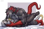 agares_(amon-sydonai) amon-sydonai anthro bodily_fluids canid canine canis duo felid french_kissing fur hi_res hybrid kissing lion male male/male mammal marbas muscular muscular_anthro muscular_male pantherine saliva scales scalie wolf
