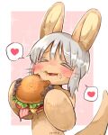  1other animal_ears artist_name bacon blush burger cheese closed_eyes colored_eyelashes commentary fang food food_on_face furry furry_other grey_hair happy heart highres holding holding_food lettuce made_in_abyss mumu_yu_mu nanachi_(made_in_abyss) open_mouth other_focus rabbit_ears solo spoken_heart symbol-only_commentary tail tomato whiskers 