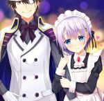  1boy 1girl ambitious_mission apron arm_hug ascot black_bow black_shirt blue_eyes blue_hair blurry blurry_background blush bow brown_eyes brown_hair cape closed_mouth commentary_request couple gem gloves hair_bow heart hetero highres kobayashi_tsubame light_blue_hair long_sleeves maid maid_apron monocle nezu_mikage phantom_thief red_gemstone shirt short_hair side-by-side smile standing suit upper_body white_apron white_ascot white_cape white_gloves white_suit xiexianglg 