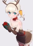  alternate_costume antlers blonde_hair blue_eyes blunt_bangs box breasts brown_dress brown_gloves choker comala_(komma_la) dress fake_antlers fur-trimmed_dress fur-trimmed_gloves fur_trim gift gift_box gloves grey_background hair_ornament highres kantai_collection long_hair red_choker red_ribbon reindeer_antlers ribbon shin&#039;you_(kancolle) simple_background small_breasts 